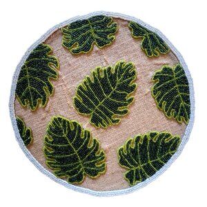 BEADED 15” Placemat CHARGER Monstera Leaf & Burlap Sun Canyon Green EXQUISITE